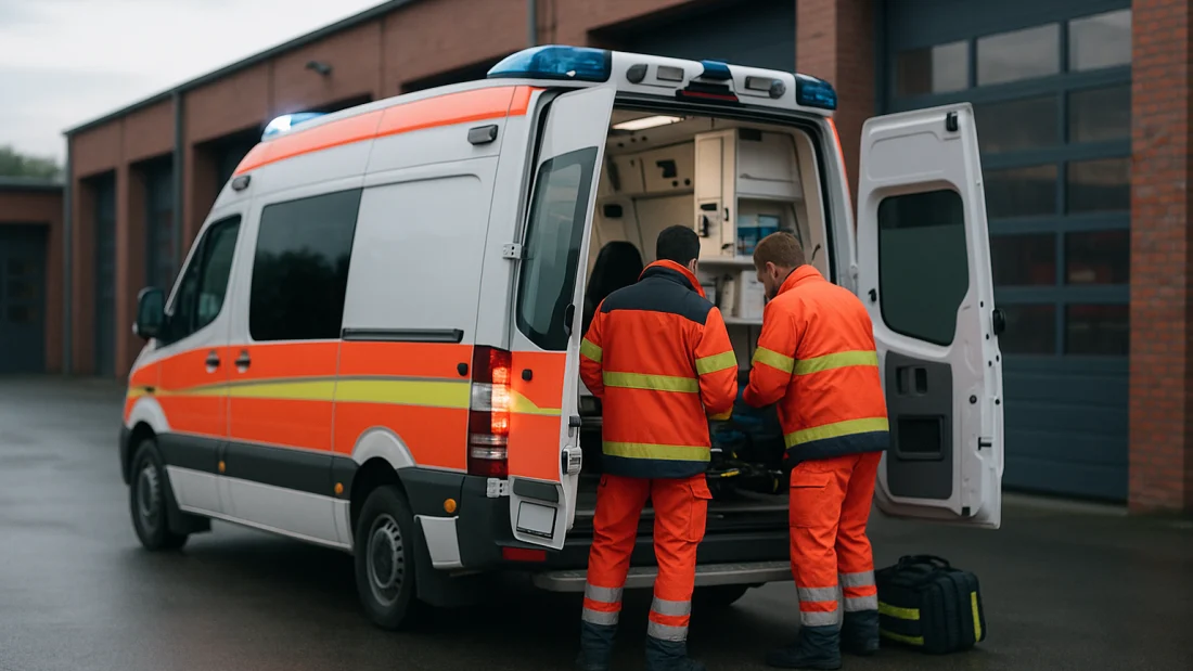 Rettungswagen mit geöffneten Hecktüren vor einer Rettungswache am Morgen