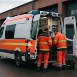 Rettungswagen mit geöffneten Hecktüren vor einer Rettungswache am Morgen