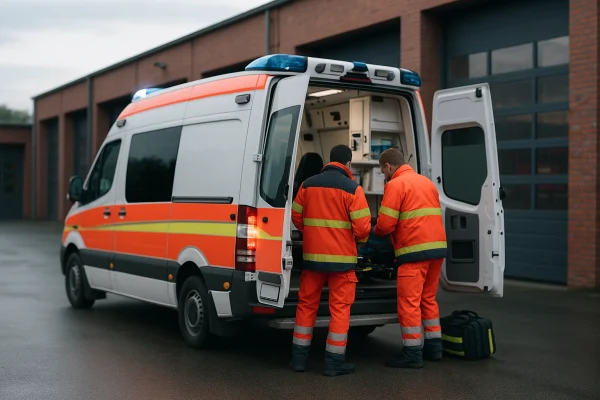 Rettungswagen mit geöffneten Hecktüren vor einer Rettungswache am Morgen