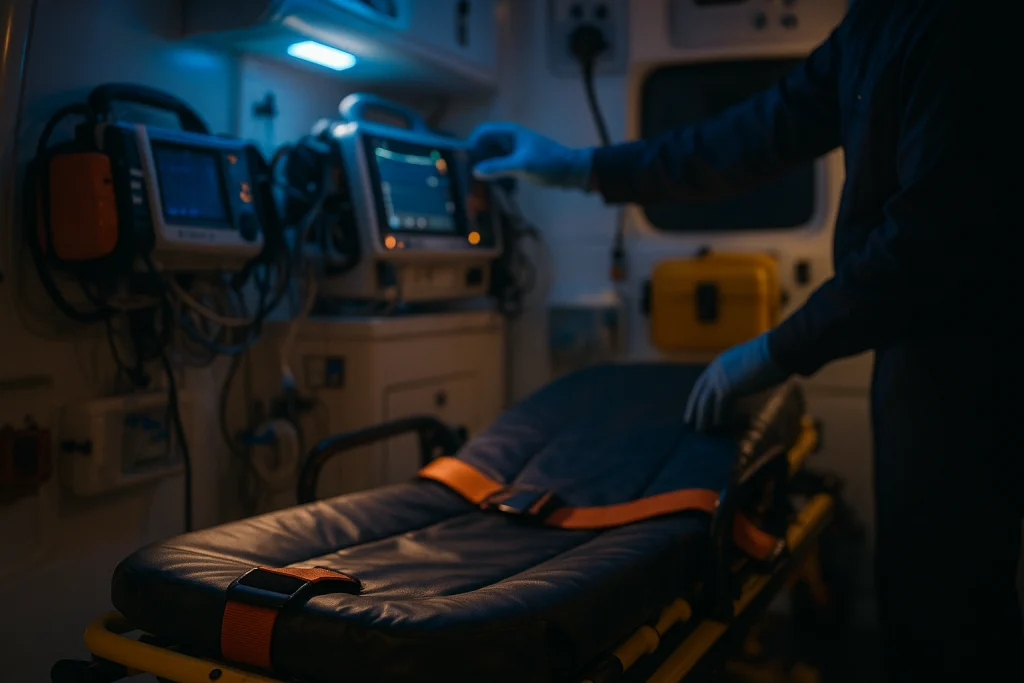 Innenraum eines Rettungswagens bei Nacht mit beleuchteten medizinischen Geräten
