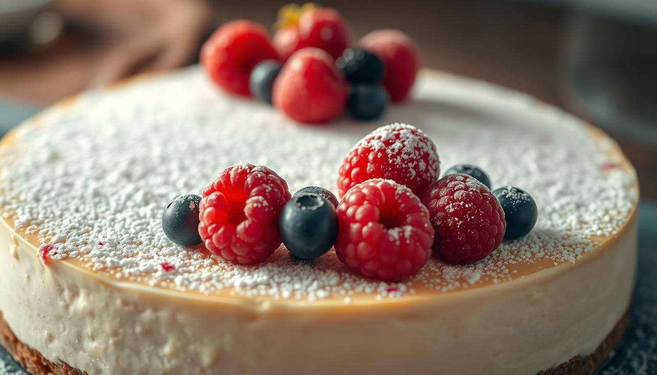 Käsekuchen dekorieren mit Puderzucker und Früchten Käsekuchen dekorieren mit Puderzucker und Früchten